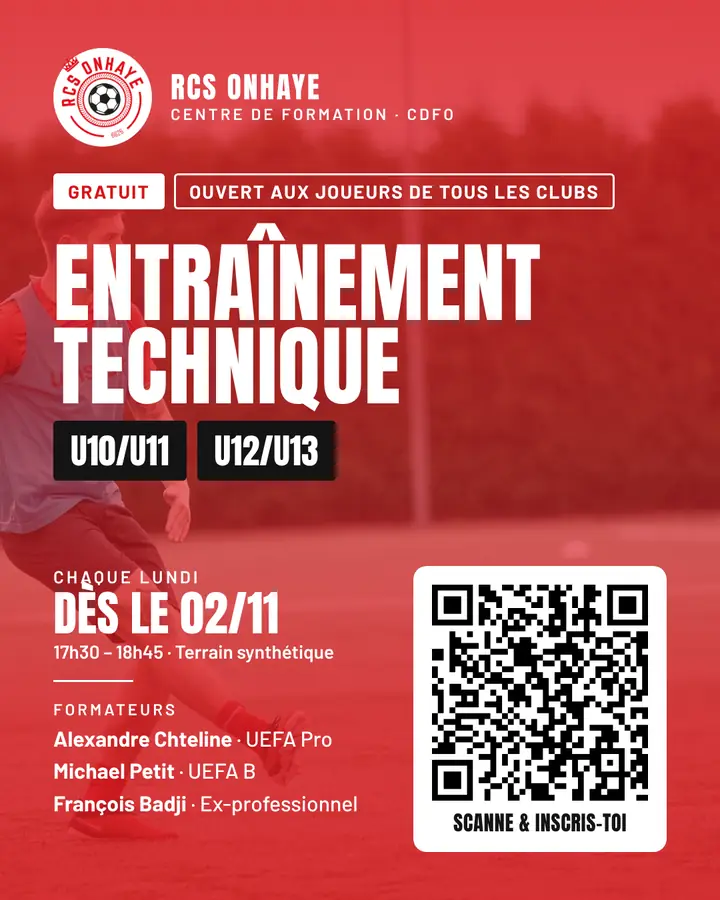 Affiche entraînement technique gratuit RCS Onhaye U10/U11 et U12/U13